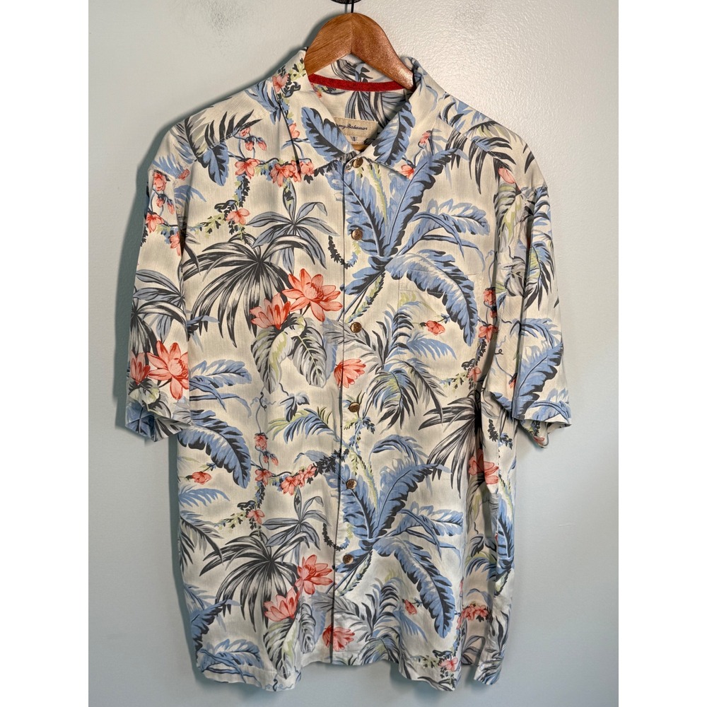 Tommy Bahama Mens Large 100% Silk Tropical Floral Palm Print Camp Shirt Cream